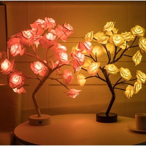 LED Lamp Rose Flower Tree Night Lights Simulation Floral Bedside Light Table Lighting Wedding Valentine Day Xmas Christmas Gift