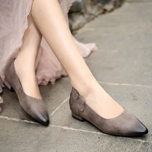 Handmade Genuine Leather Retro Pointed Toe Heels Graduated Color Pumps Women Shoes Block Heels Slip On Office Shoes Black/Coffee