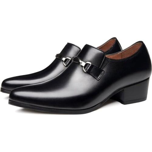 Basic Genuine Leather Formal Dress Mens Loafers Pointed Toe Metal Tipped Handmade 5cm High Heels Man Wedding Party Shoes