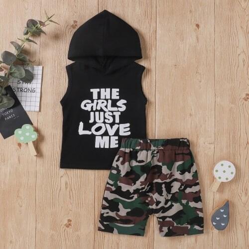 #VW Toddler Baby Kids Boys Letter Print Hoodie Black Sleeveless Tops Camouflage Shorts Outfits Set Summer Sets pour enfants