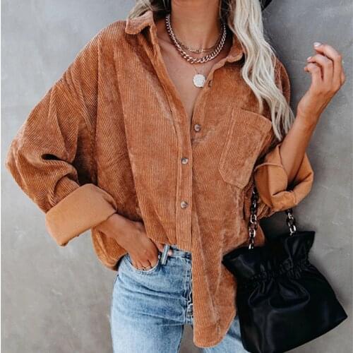 Womens Shirt 2021 Autumn Retro Corduroy Long Sleeve Top Women Solid Color Lapel Collar Womens Blouse Casual Loose Shirts Woman