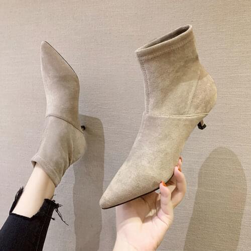 2021 Fashion Women Boots Beige Pointed Toe Yarn Elastic Ankle Boots Thick Heels Shoes Autumn Winter Female Socks Boots
