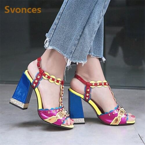 Walking Show Models High-Heeled Woman Sandals Thick Heel Rhinestone Flower Buckle Pumps Fashion Rivets Back Strap Shoes Women 43