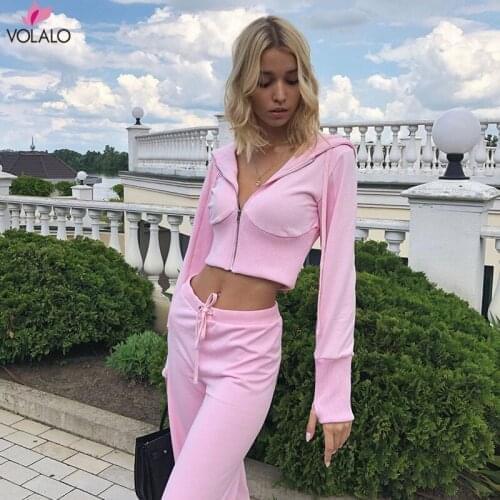 Spring Autumn Cotton Sexy Tracksuit Womens Zipper Crop Top+Pants Two Piece Set Outfits Costume