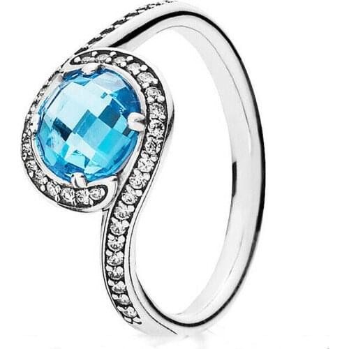 Original Sky Blue Radiant Embellishment With Crystal Ring For Women 925 Sterling Silver Ring Wedding Party Gift Pandora Jewelry
