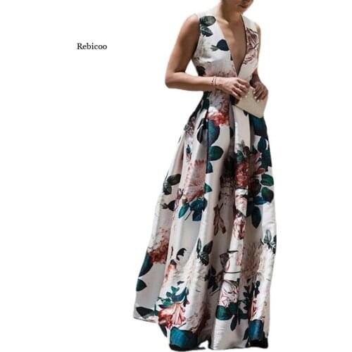 Women Dress Summer New Fashion Tide V-Neck High Waist Floor-Length Printing Sleeveless Loose Elegant Ladies Dress New