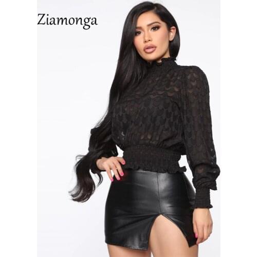 Ziamonga Vintage Black Red White Blouse Female Ruffles Long Sleeve Women Blouse Shirt 2020 Autumn Ladies Cropped Peplum Top