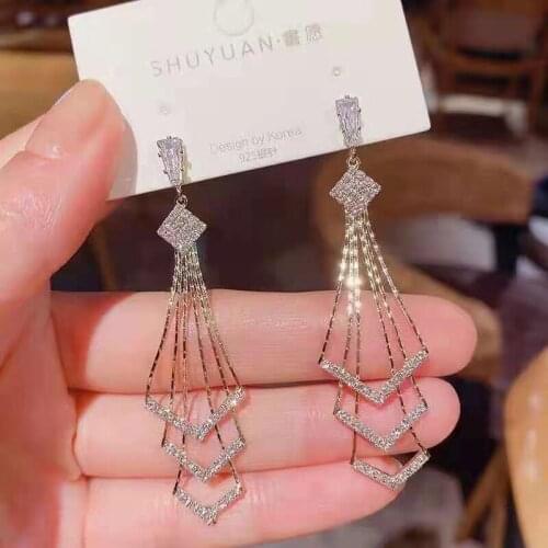 2021 Trend Golden Geometric Rhinestone Dangle Earrings Ladies Tassels Statement Pendant Earrings Unusual Elegant Jewelry Gift
