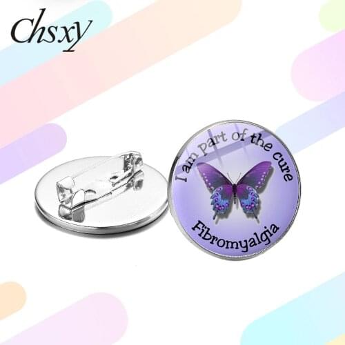 CHSXY Fibromyalgia Awareness Statement Brooch Charm Purple Ribbon Lapel Pin Cartoon Art Pattern Glass Cabochon Brooches and Pins