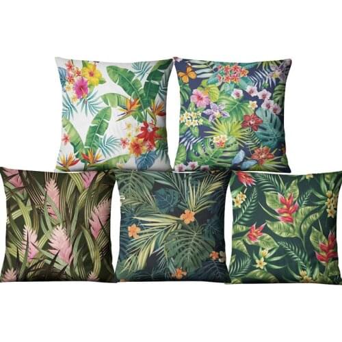 Flower Plant Cushion Pillowcase Cover Decorative Pillows Covers Linen For Sofa Decor Home Green Pattern Tropical Funda Cojin