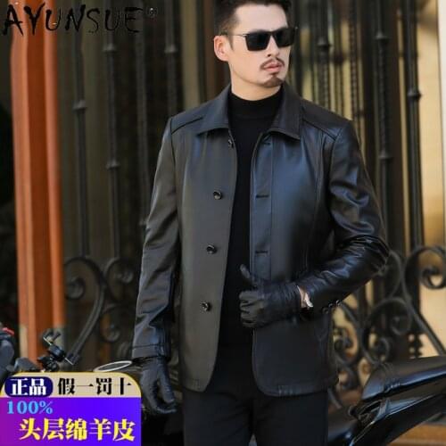 AYUNSUE Mens Genuine Sheepskin Leather Jacket Men Clothing Autumn Jackets for Men 5XL 6XL Large Size Clothes Ropa Hombre LXR962