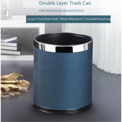Metal Trash Can 10L Waste Bin, Leather Outside Double Layer Garbage Rubbish Container Case Open Top Floor Stand for Hotel Office