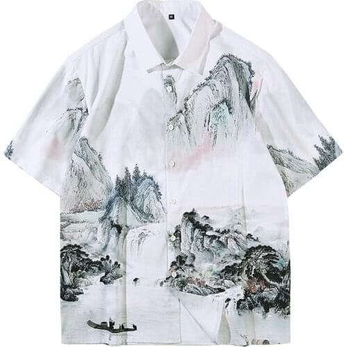2020 New Arrival Cotton Casual Large Shirts Turn-down Collar Open Stitch Men Shirt Landscape Painting Short Sleeve Printing