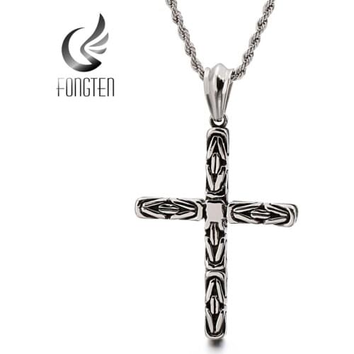 Fongten Blessing God Cross Pendant Necklace Polished and Blacken Stainless Steel Men Necklaces Old Look Jewelry