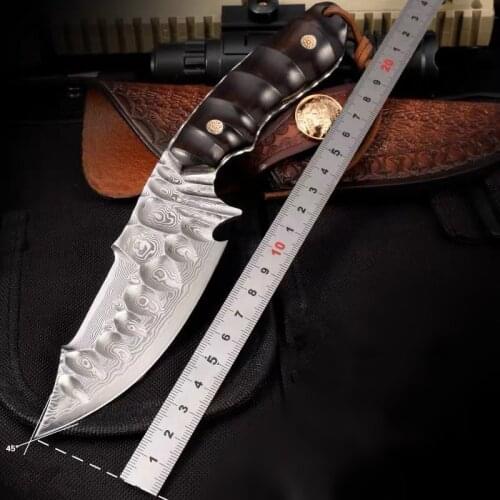 Handmade Forged Damascus Steel Full Tang Hunting Knife High Hardness Fixed Blade Sandalwood Handle Straight Knife With Sheath