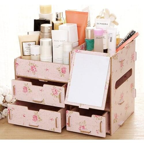 TSSAAG DIY Wooden Desk Makeup Cosmetic Box Drawers Jewelry Storage Case Organizer with Mirror - Flowers
