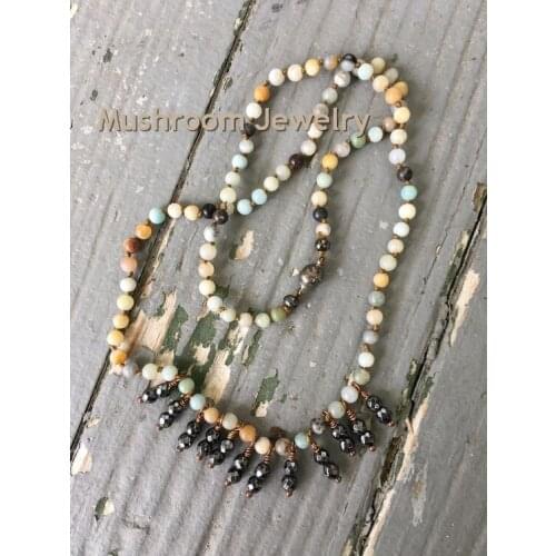 Knotted Natural Semi Precious Amazonite Stone Beads Hematite Women Necklace Ethinc Jewelry