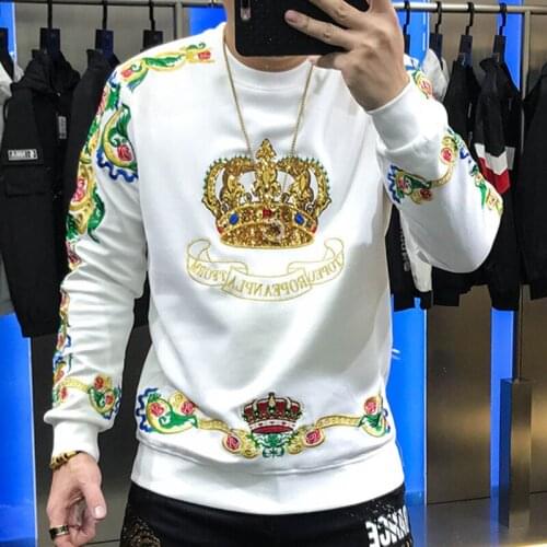 Baroque Embroidery Sweatshirt Luxury Gold Black Sequin Crown Sweatshirt Men Sudadera Hombre Club Outwear Sweat Homme Harajuku