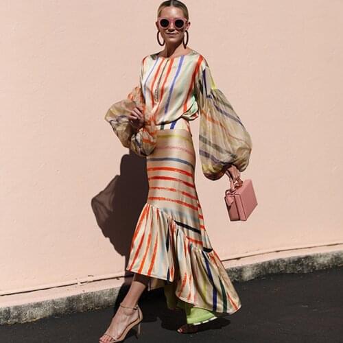 Runway Designer Striped Rainbow 2 Piece Set Womens Tops And Skirts Suit Lantern Sleeve Blouse + Maxi Fish Tail Skirt Woman Suit