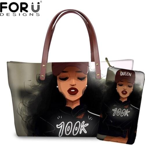 FORUDESIGNS 2pcs/set Handbags Women Black Girl Magic Printed Hand Bag&Purses Ladies Summer Beach Shoulder Bag Females Sac A Main