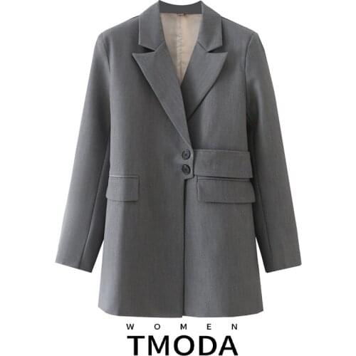 TMODA1754 Za 2021 Spring Autumn Women Oversized Gray Blazer Coat With Belt Female Slash Notched Collar Pocket Casual Chic Tops