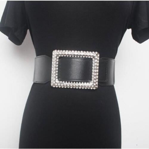 Womens runway fashion diamonds buckle PU leather Cummerbunds female Dress Corsets Waistband Belts decoration wide belt R3120