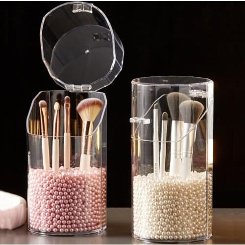 Makeup Brush Storage Box Makeup Organizer Lipstick Storage Plastic Box Pen Holder Round Pearl Flip Cover Dustproof Transparent