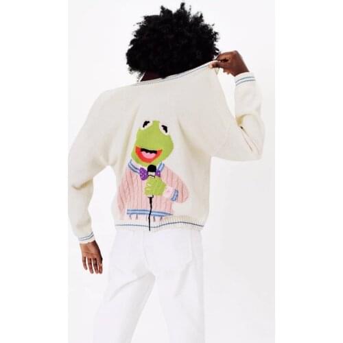 Za 21 autumn and winter new womens clothing embroidery cartoon pattern loose v-neck sweater knitting