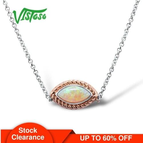 VISTOSO 10K Rose Gold&925 Silver Marquise lab Created Yellow Opal Necklace For Women Gift Engagement Anniversary Fine Jewelry