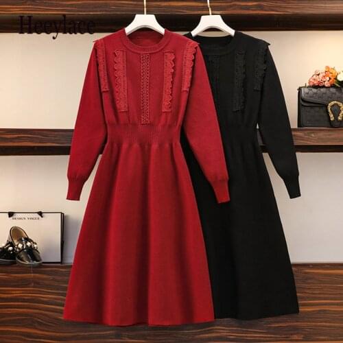 Plus Size Women Autumn Winter Long Sleeve O-Neck Vintage Solid Color Mini Dresses Women Korean Elegant High Waist A-line Dresses
