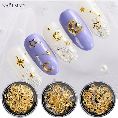 1 box Moon Star Studs Metal Hollow Crescent Moon Nail Rivets Studs DIY Manicure Nail Art Rhinestones 3D Decoration
