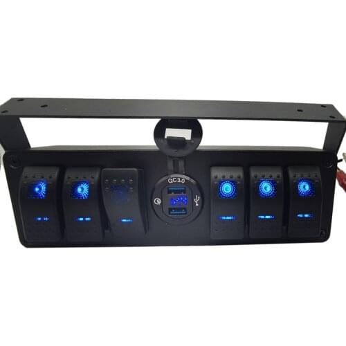 6 Gang Rocker Toggle Switch Panel ​W/Quick Charge 3.0 USB Charger & Voltmeter Marine Boat Truck Car 12V-24V Blue Led
