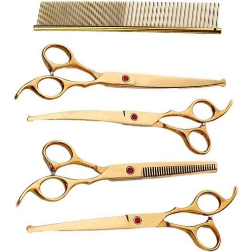 7 Inch Golden Round Tip Safety Curved Thinning Cutting Comb Hair Grooming Dog Scissors Set