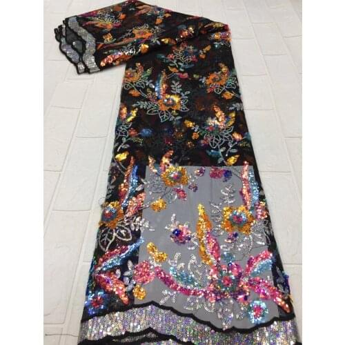 African Lace Fabric 5 Yards 2021 High Quality Black Sequin Embroidery Nigerian Wedding Asoebi Dress Sewing Lace Material FJ4759