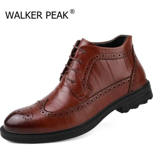 Genuine Leather Men Boots Winter Ankle Boots Fashion Footwear Lace Up Brogue Dress Shoes High Quality Vintage Mens Shoes Brand