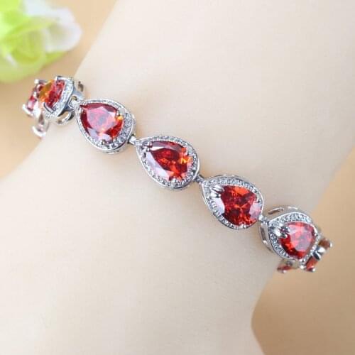 Water Drop Link Bracelet Silver Color Jewelry Charm Bridal Red Garnet CZ For Women Wedding Costume