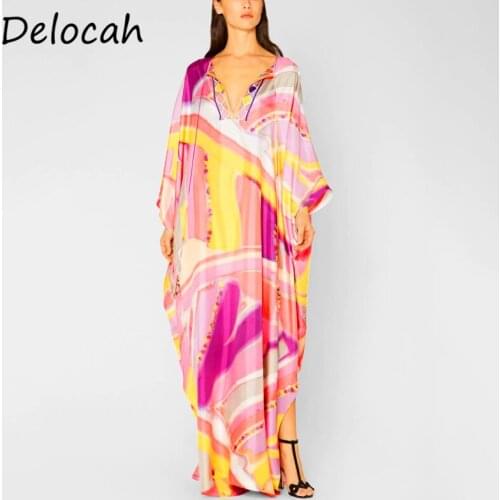 Delocah Women Summer Fashion Designer Holiday Maxi Dress Batwing Sleeve Ruffles Vintage Printed Ladies Robe Long Dresses 2021
