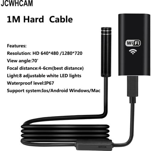 JCWHCAM 8mm 1M Rigied Cable Wifi Android Endoscope Camera For Iphone 720P Video Inspection Snake camera Waterproof Borescope