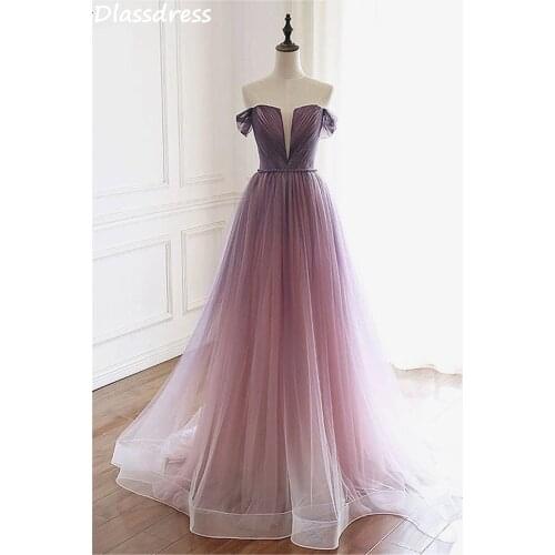 Gradient Prom Dress A-line Pleat Floor Length Off Shoulder Off Shoulder Evening Dress Backless Elegant платья знаменитостей