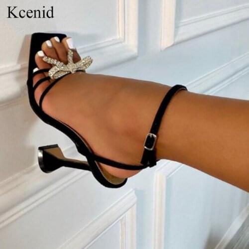 Kcenid New square toe summer women sandals fashion rhinestone bowtie spike heels high heel buckle strap party dress ladies shoes