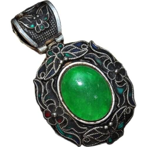 China old Tibetan silver Cloisonne inlaid with greenstone jade Pendant