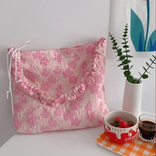 2021 Summer Net Red Fold Bag Female Bag Drawstring Pink Flower Printed Bag Girl Messenger Bag Cute Shoulder Bag Tote