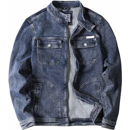 Mcikkny Solid Color Mens Cargo Loose Denim Jackets Multi Pocket Blue Jeans Jackets Male Stand Collar