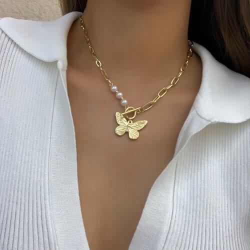 AENSOA Bohemian Chamr Chaim Pearl Big Butterfly Pendants Necklaces for Women Gold Color Butterfly Chokers Necklace Trendy New