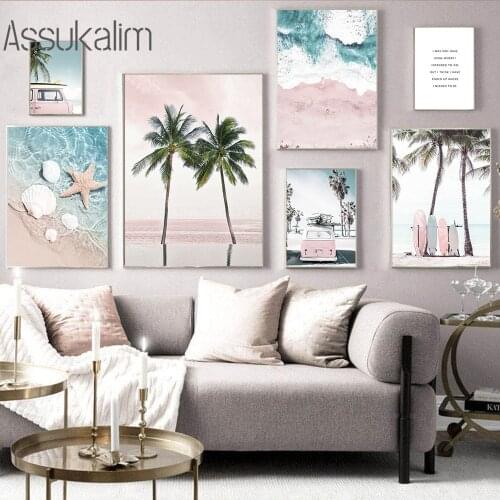 Pink Beach Wall Art Print Tropical Landscape Posters Sea Shell Starfish Canvas Painting Nordic Wall Pictures Living Room Decor