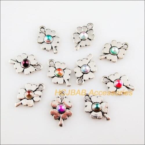 40 New Clover Charms Mixed Acrylic Flower Pendants Tibetan Silver Tone 9.5x15mm