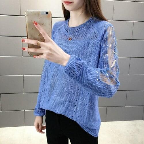 Spring And Autumn Pullover New Lace Hollow Sweater Women Loose Thin Section Solid Color Stitching Blusas Manga Larga Para Mujer