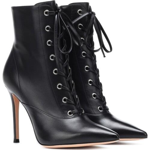 Luxury Women Winter Boots Pointed Toe Ankle Spring Autumn Boots PU Leather Pattern Gladiator Lace Up Thin High Heels Big Size