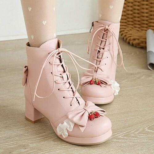 Spring Autumn Lolita Women Shoe Thick Heel Round Toe Bow Ladies Cute Ankle Boot Young Students Japanese Korean Style Winter Boot
