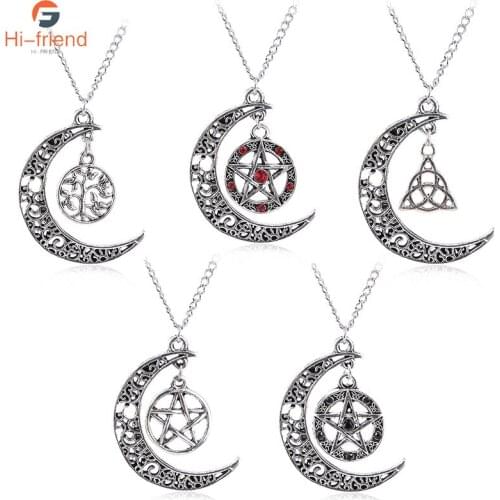 Supernatural Five-Pointed Star Necklace Witch Amulet World Tree Life Tree Moon Pendant Necklace for Women Men Cosplay Prop Gift